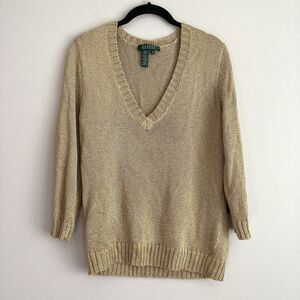 Lauren Ralph Lauren Gold Metallic V-neck Sweater Size Medium Party Cocktail